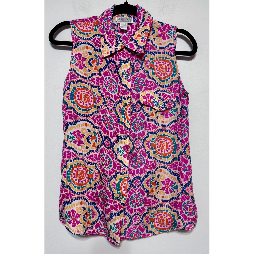 Y2K Vintage Croquet Club 100% Silk Mosaic Print Top‎ Size Small Boho Festival